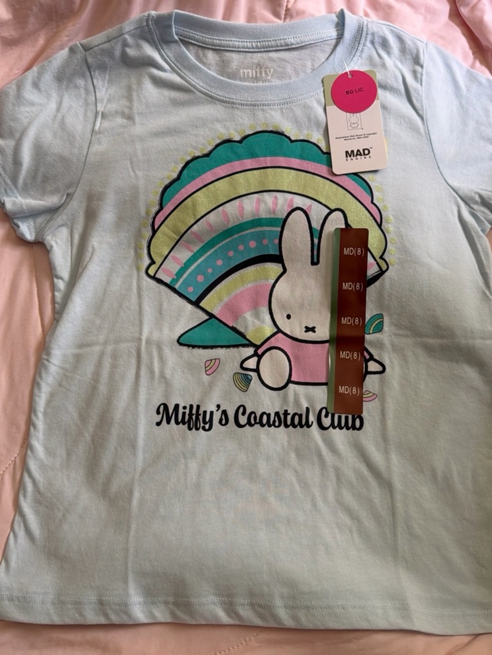 miffy Light Blue Graphic Tee with Pastel Rainbow Shell